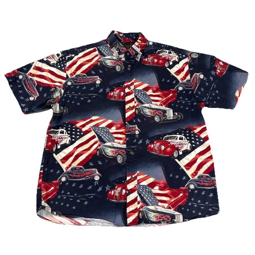 Bluff Creek Spirit of Adventure Hotrod Classic Car Men's Red White Blue Shirt- L
